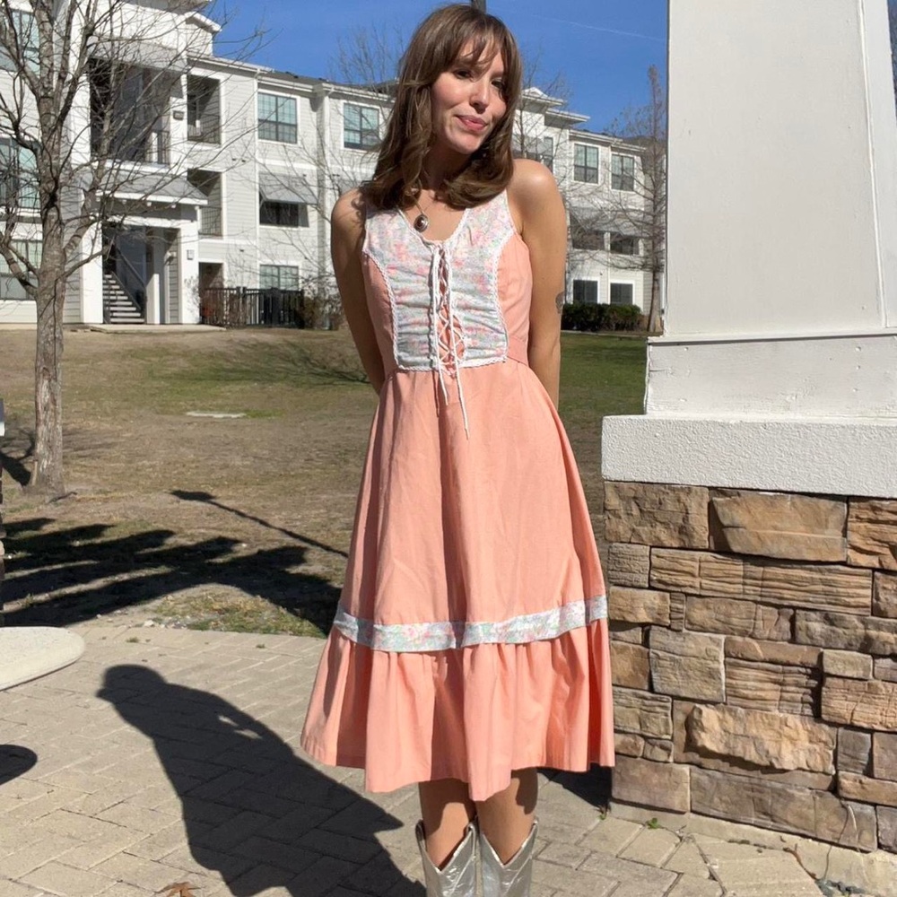 Vintage 70s Peach Lace Up Corset Front Midi Prairie Dress, Western Boho Cottage